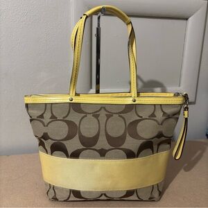 Coach Signature Canvas Yellow Stripe Leather Trim Shoulder Tote Trapezoid Bag
